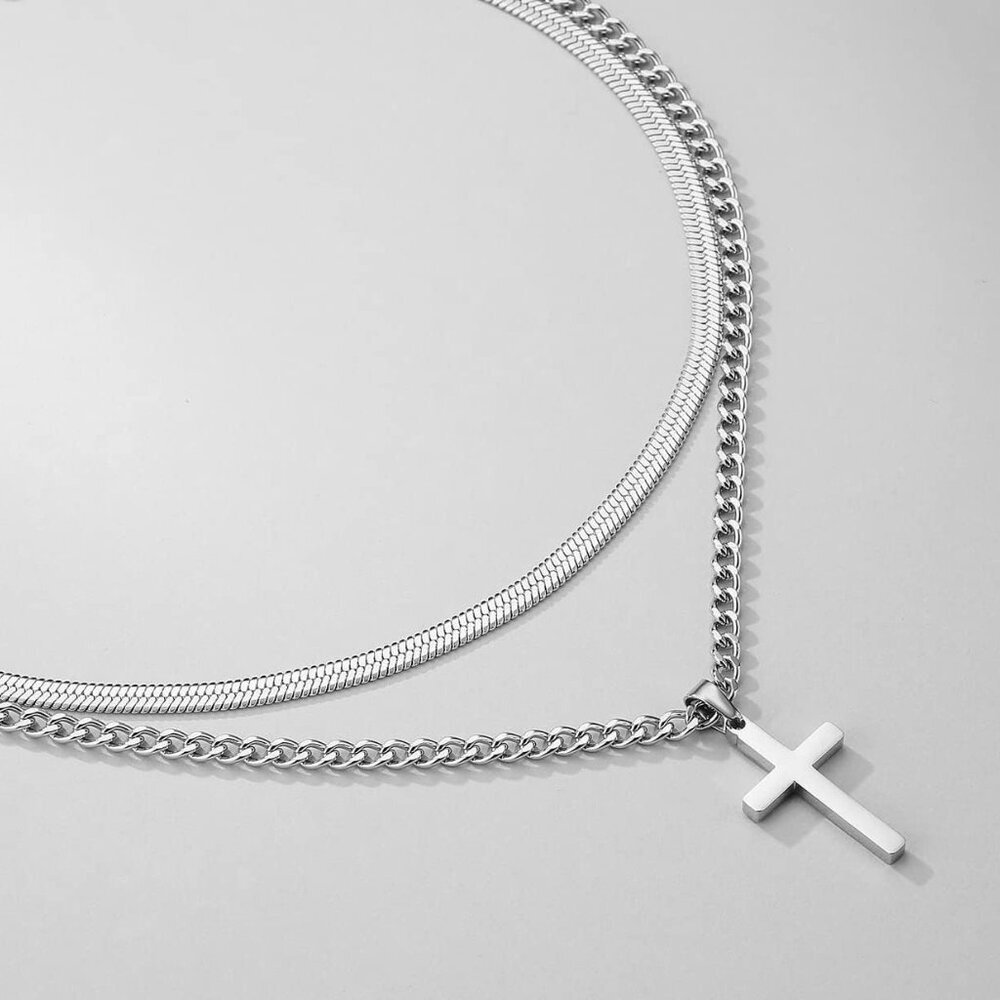 Cross Necklace for Men Boys, Stainless Steel Layered Cuban Link Herringbone Chai - Picture 4 of 6